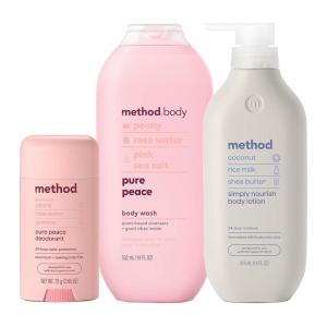 imageBundle of Method Pure Peace Body Wash 18 oz Pack of 1  Method Pure Peace Deodorant 265 oz Pack of 1  Method Simply Nourish Body Lotion 14 oz Pack of 1