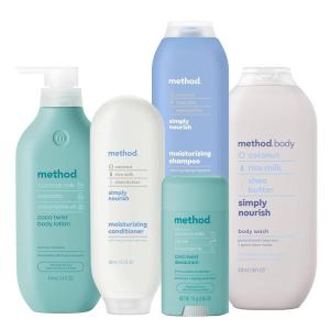 imageBundle of Method Simply Nourish Body Wash 18 oz  Coco Twist Body Lotion 14 oz  Simply Nourish Shampoo 14 oz  Simply Nourish Conditioner 135 oz  Coco Twist Deodorant 265 oz