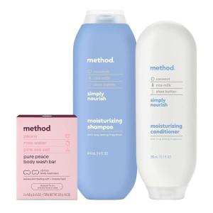 imageBundle of Method Simply Nourish Moisturizing Shampoo 14 oz Pack of 1  Method Simply Nourish Moisturizing Conditioner 135 oz Pack of 1  Method Pure Peace Bar Soap 2 bars 5 oz each