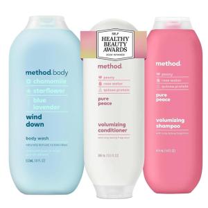 imageBundle of Method Wind Down Body Wash 18 oz Pack of 1  Method Pure Peace Volumizing Shampoo 14 oz Pack of 1  Method Pure Peace Volumizing Conditioner 135 oz Pack of 1